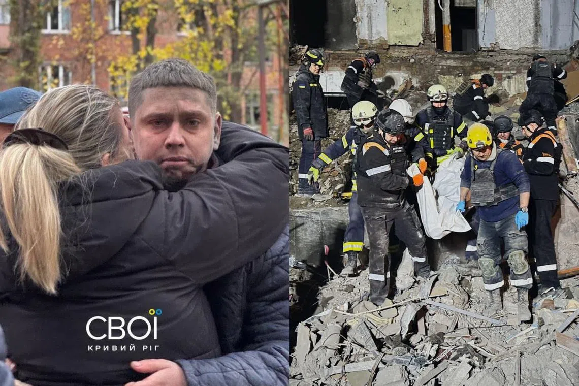 A man in Ukraine is comforted after rescuers removed the bodies of a 32-year-old woman and her three children, including a two-month-old baby, from the rubble of a residential building after a Russian attack.