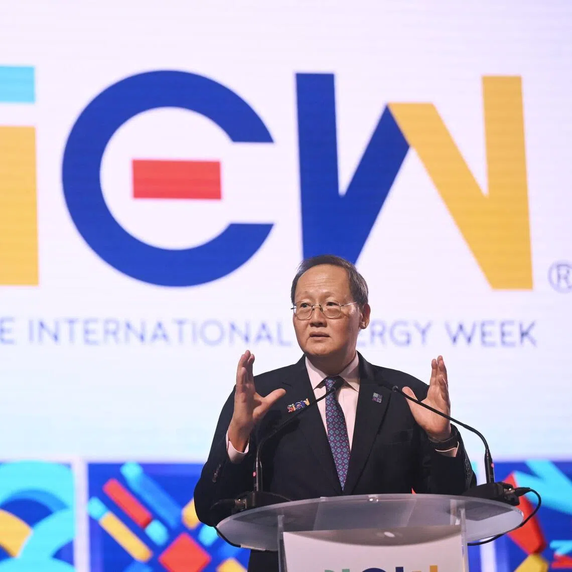 Minister for Energy, Trade and Industry (Energy and Industry) Tan See Leng giving a speech at the Singapore International Energy Week 2026 on Oct 26.