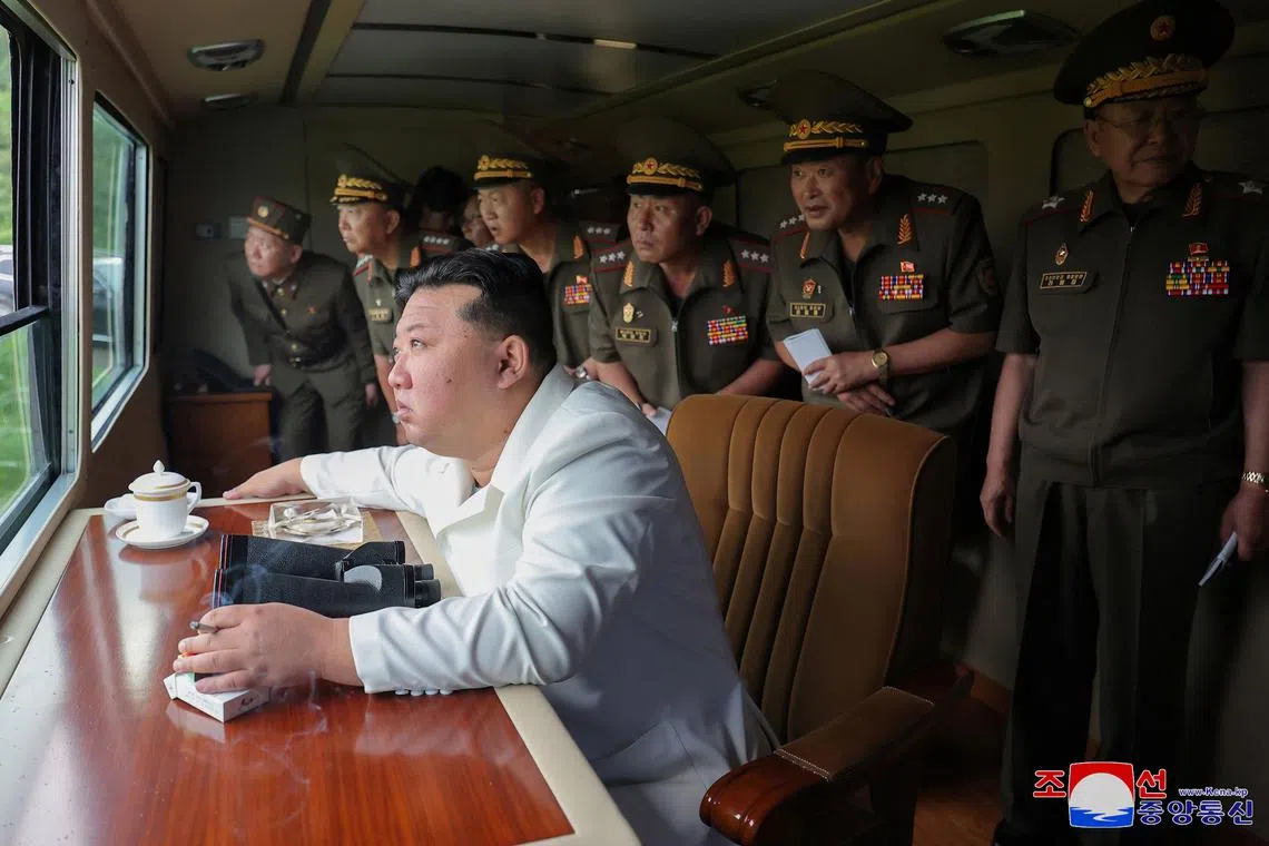 North Korean leader Kim Jong Un attends the test of an upgraded 240 mm rocket launcher system, in North Korea, in this photo released by North Korea's official Korean Central News Agency August 28, 2024. KCNA via REUTERS/ File Photo