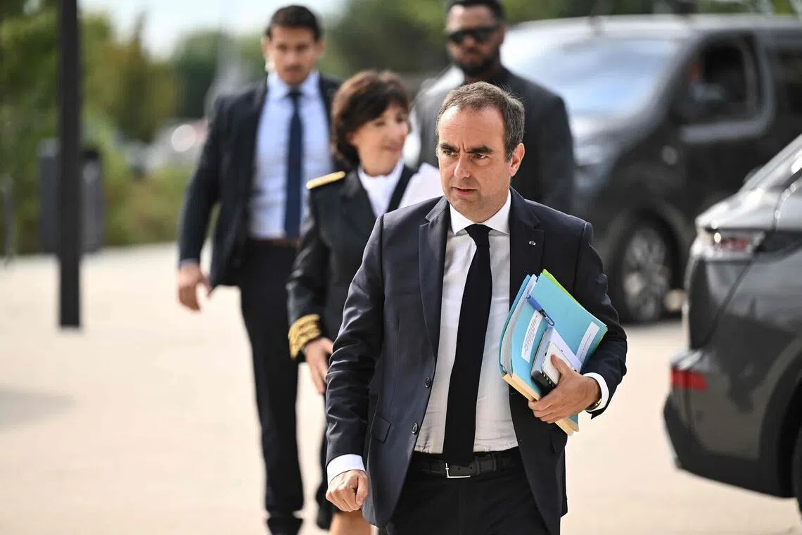France’s Prime Minister Sebastien Lecornu arrives for a meeting with officials at Technowest in Merignac, on the outskirts of Bordeaux, south-western France on Aug 17.