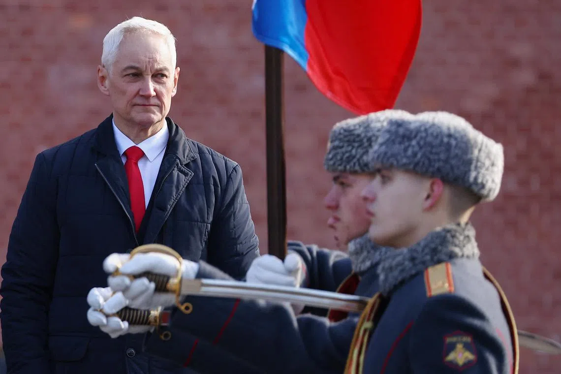 Russian Defence Minister Andrei Belousov attends a wreath-laying ceremony marking the Defender of the Fatherland Day at the Tomb of the Unknown Soldier by the Kremlin wall in Moscow, Russia February 23, 2025. Sputnik/Artyom Geodakyan/Pool via REUTERS/File Photo