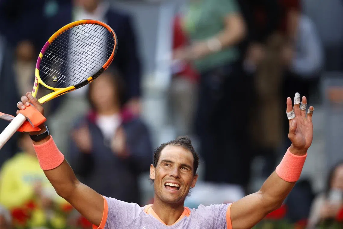 Tennis - Madrid Open - Park Manzanares, Madrid, Spain - April 25, 2024 Spain's Rafael Nadal celebrates winning his round of 128 match against Darwin Blanch of the U.S. REUTERS/Juan Medina