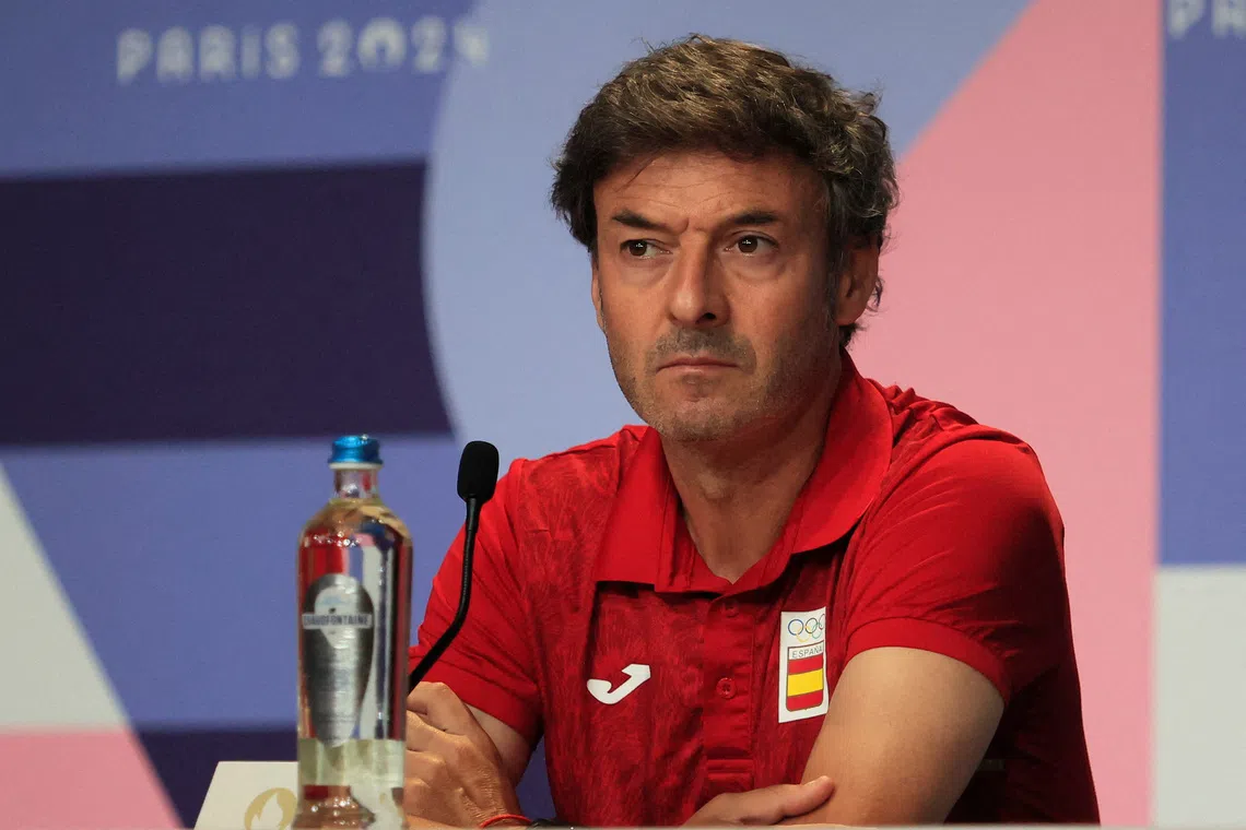 FILE PHOTO: Paris 2024 Olympics - Spain Men's Football Press Conference - Main Press Centre, Paris, France - August 08, 2024. Spain coach Santi Denia during the press conference. REUTERS/Carlos Perez Gallardo/File Photo
