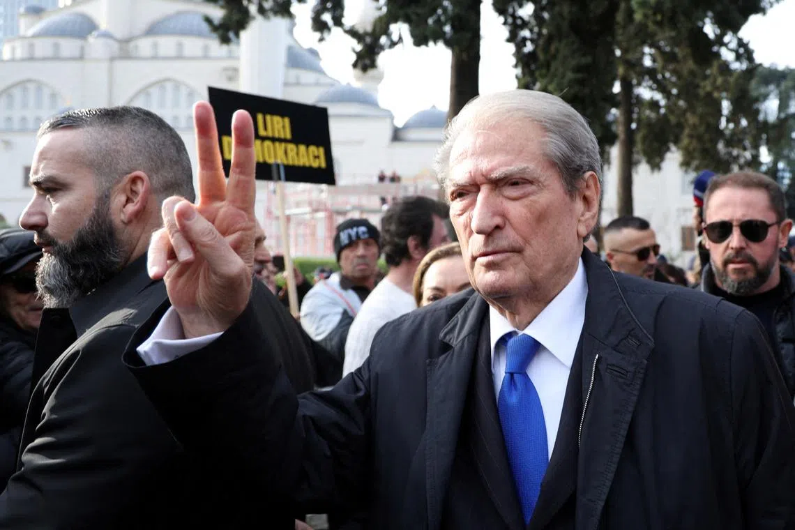 FILE PHOTO: Albanian opposition leader Sali Berisha gestures during a protest in Tirana, Albania, December 21, 2023 REUTERS/Florion Goga/File Photo
