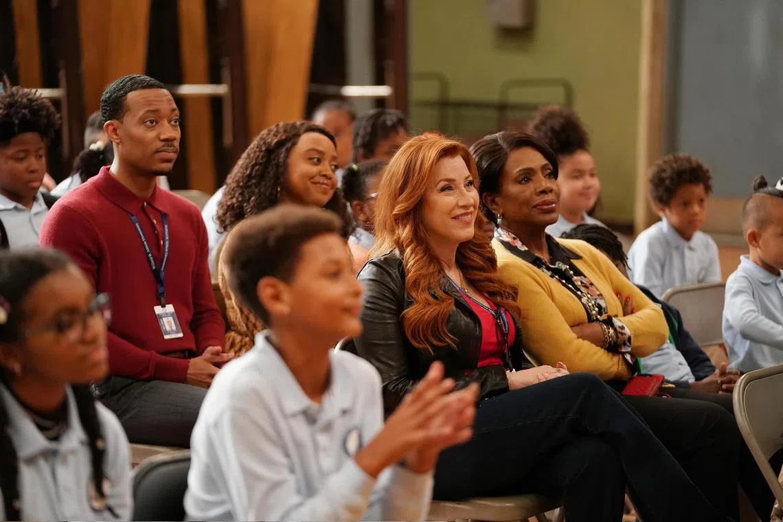 Abbott Elementary, a workplace comedy about teachers in an underfunded public school, stars series creator Quinta Brunson (from top right, clockwise), actors Sheryl Lee Ralph, Lisa Ann Walter and Tyler James Williams.
