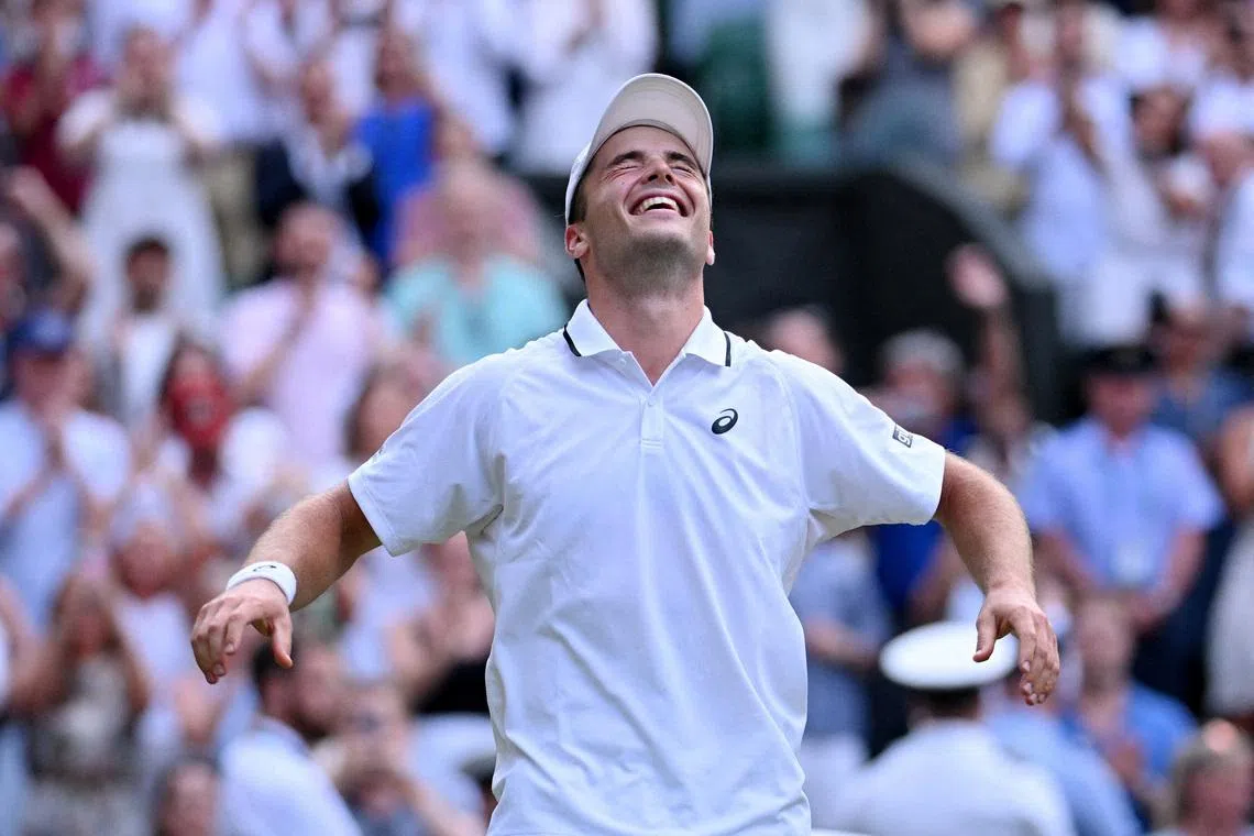 Tennis - Wimbledon - All England Lawn Tennis and Croquet Club, London, Britain - July 6, 2026 Britain's Arthur Fery celebrates after winning his fourth round match against Bulgaria's Grigor Dimitrov REUTERS/Jaimi Joy