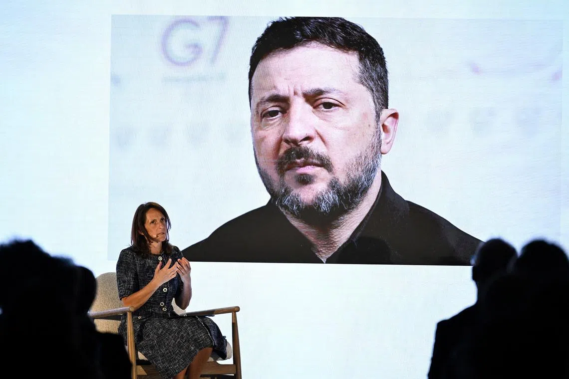 Alessandra Galloni, Reuters Editor-in-Chief, interviews Volodymyr Zelenskiy, Ukraine's President, during the Reuters NEXT Europe summit, bringing together global leaders on policy, markets and industry to address key global challenges, in London, Britain, June 16, 2026. REUTERS/Chris J. Ratcliffe