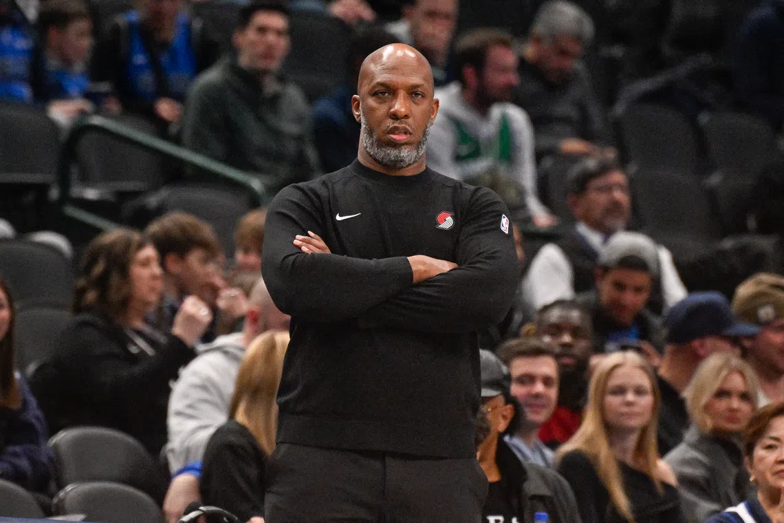 Jan 9, 2025; Dallas, Texas, USA; Portland Trail Blazers head coach Chauncey Billups looks on during the second quarter of the game against the Dallas Mavericks at the American Airlines Center. Mandatory Credit: Jerome Miron-Imagn Images