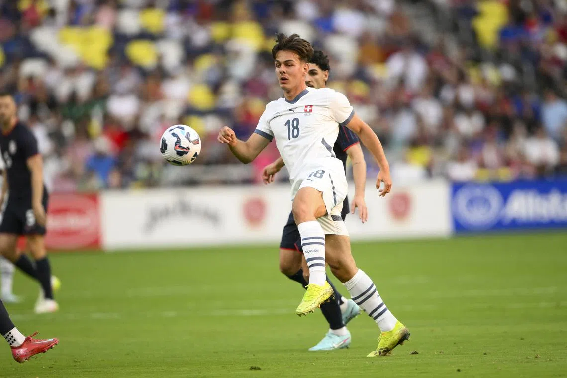 FILE PHOTO: Jun 10, 2025; Nashville, Tennessee, USA;  Switzerland midfielder Ardon Jashari (18) kicks the ball against the United States during the first at Geodis Park. Mandatory Credit: Steve Roberts-Imagn Images/ File Photo