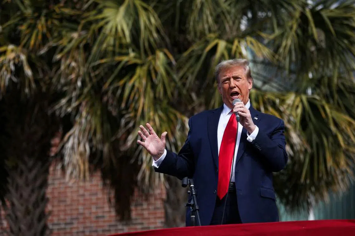 Republican presidential candidate and former U.S. President Donald Trump speaks as he holds a campaign rally at Coastal Carolina University ahead of the South Carolina Republican presidential primary in Conway, South Carolina, U.S., February 10, 2024. REUTERS/Sam Wolfe/File Photo