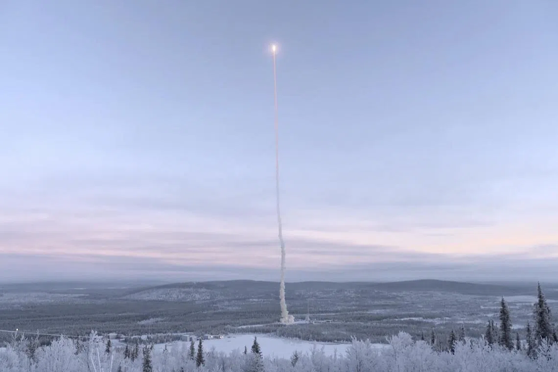 This file video grab taken on Nov 23, 2022, from an AFP footage shows the launch of the "SubOrbital Express 3" rocket from the Esrange Space Center in Jukkasjarvi, northern Sweden. 