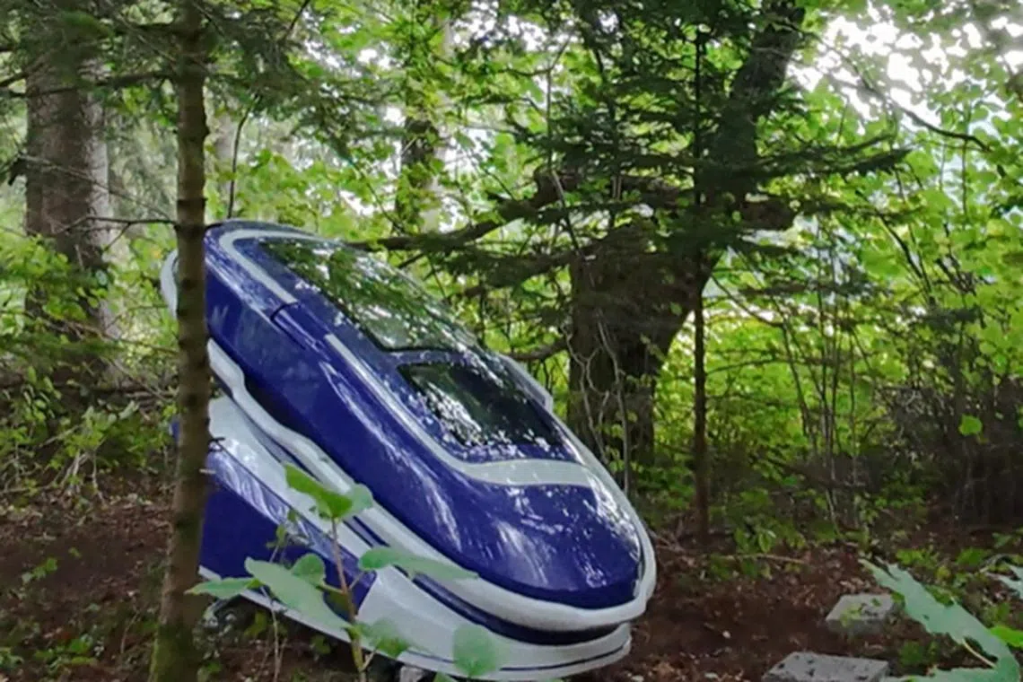 The Sarco pod at the location where it was allegedly used by a 64-year-old American woman who took her own life at approximately 4:01 pm on Sept 23, 2024.