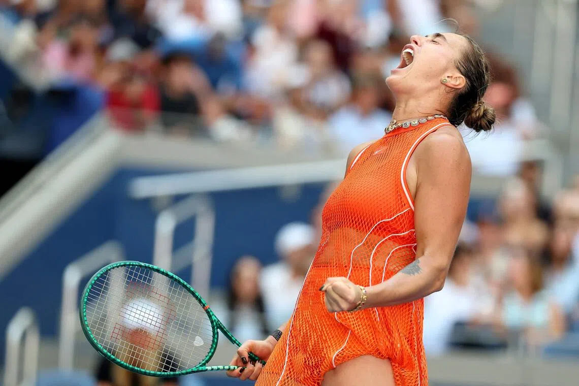 Aryna Sabalenka celebrating her defeat of Linda Noskova during their quarter-final match on Sept 8.