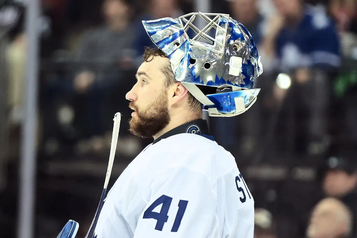 Dec 10, 2024; Newark, New Jersey, USA; Toronto Maple Leafs goaltender Anthony Stolarz (41) takes a break during a stoppage in play against the New Jersey Devils during the second period at Prudential Center. Luther Schlaifer-Imagn Images/File Photo