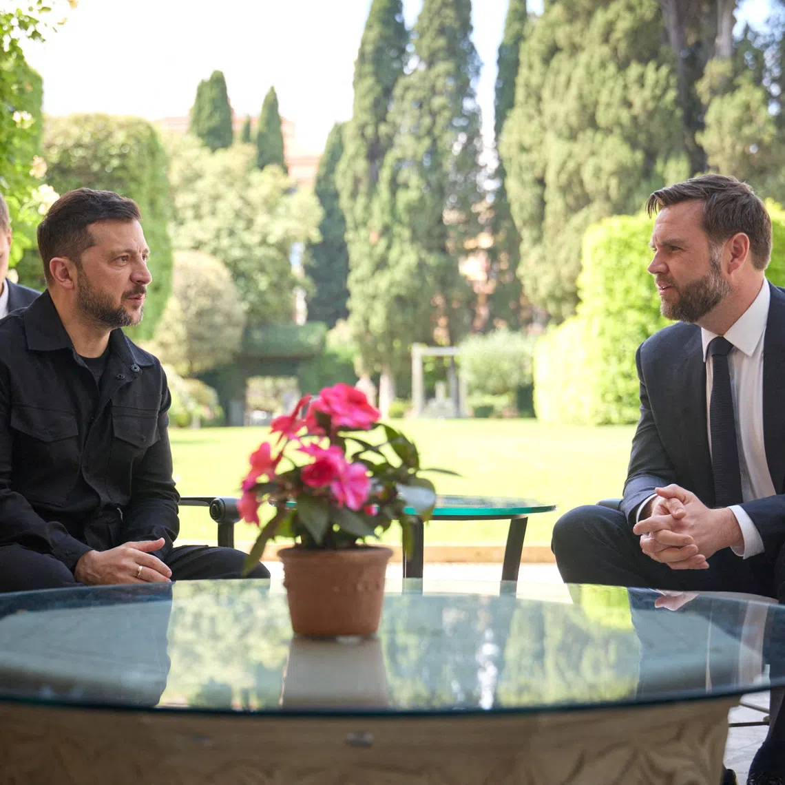 FILE PHOTO: Ukraine's President Volodymyr Zelenskiy meets U.S. Vice President JD Vance in Rome, Italy May 18, 2025.  Ukrainian Presidential Press Service/Handout via REUTERS /File Photo
