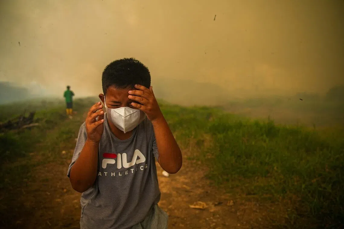 A boy reacts as smoke rises from wildfires at a residential area in Ogan Ilir, South Sumatra province, Indonesia, September 2, 2026. REUTERS/Abriansyah Liberto TPX IMAGES OF THE DAY