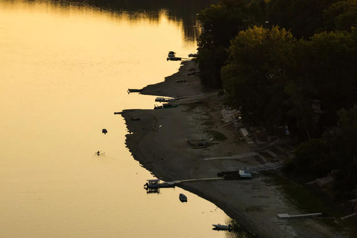 A view of the low water level of the Danube River around Lupa Island in Budakalasz, Hungary, on Aug 4.