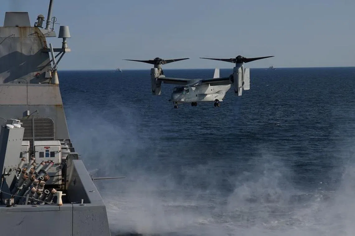 File photo: A U.S. Bell Boeing V-22 Osprey helicopter lands on the USS Mesa Verde ship during the Northern Coasts 2023 exercise in the Baltic Sea, September 18, 2023. REUTERS/Janis Laizans/File photo
