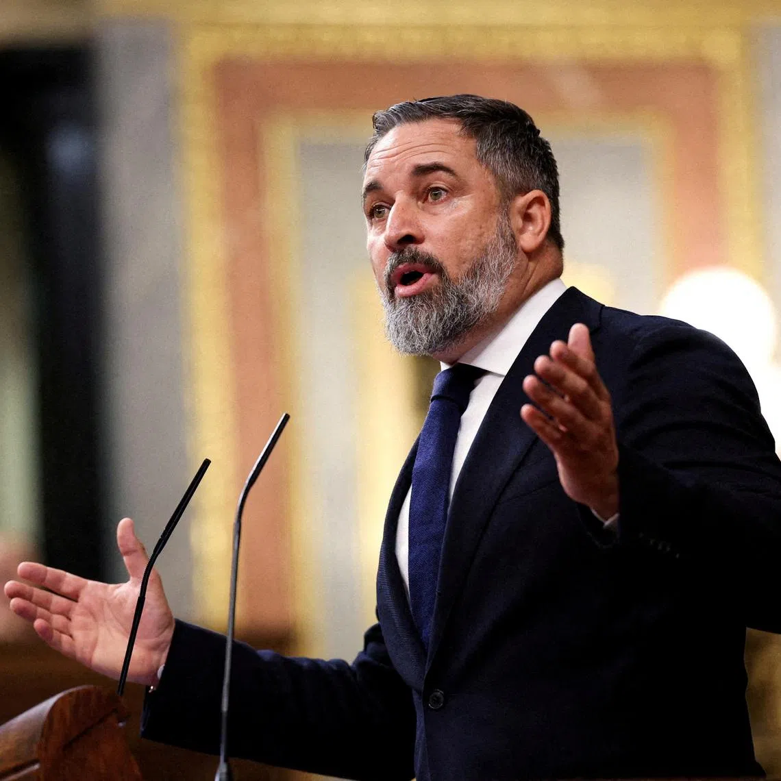 Spain's far-right party Vox leader Santiago Abascal addresses Prime Minister Pedro Sanchez (not pictured) after Sanchez, leader of the Spanish Socialist Workers' Party (PSOE), spoke about alleged corruption involving PSOE, at Parliament in Madrid, Spain, July 9, 2025. REUTERS/Violeta Santos Moura/File Photo