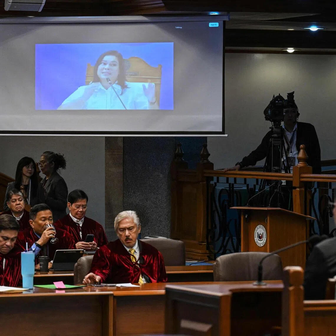 A video of Vice-President Sara Duterte is shown during her impeachment trial at the Philippine Senate in Pasay City, Metro Manila on July 22.