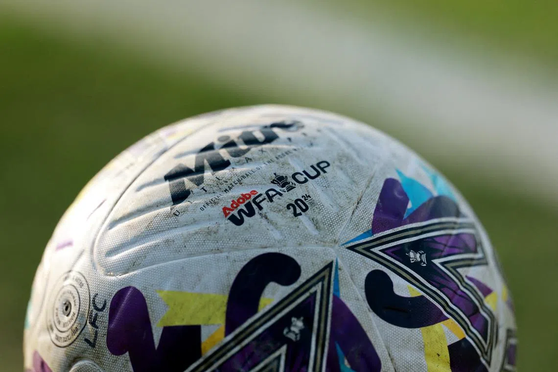 FILE PHOTO: Soccer Football - Women's FA Cup - Quarter Final - Arsenal v Liverpool - Meadow Park, Borehamwood, Britain - March 9, 2025 General view of the match ball with the Women's FA Cup logo during the match Action Images via Reuters/Andrew Boyers/File Photo