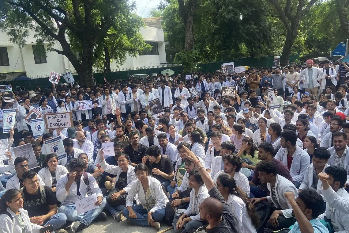 ngprotest - Doctors in capital city New Delhi on Aug 16 protest outside the offices of Ministry of Health and Family Welfare  over the murder and rape of a 31 year old doctor in India.

Credit: Nirmala Ganapathy