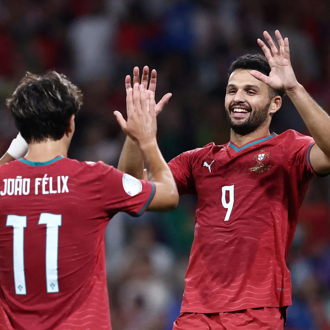 Portugal’s Goncalo Ramos (right) celebrate with teammate Joao Felix after scoring a goal against Norway in the Group A4 clash.