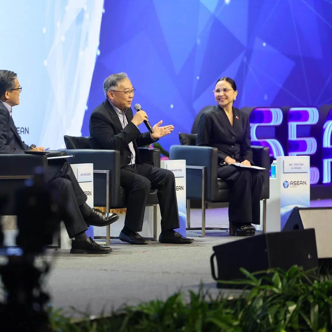 (From left) Singapore Business Federation CEO Kok Ping Soon, Singapore DPM Gan Kim Yong and Philippines Minister of Trade and Industry Ma. Cristina A. Roque at the ASEAN Conference 2026 ministerial dialogue on July 31.