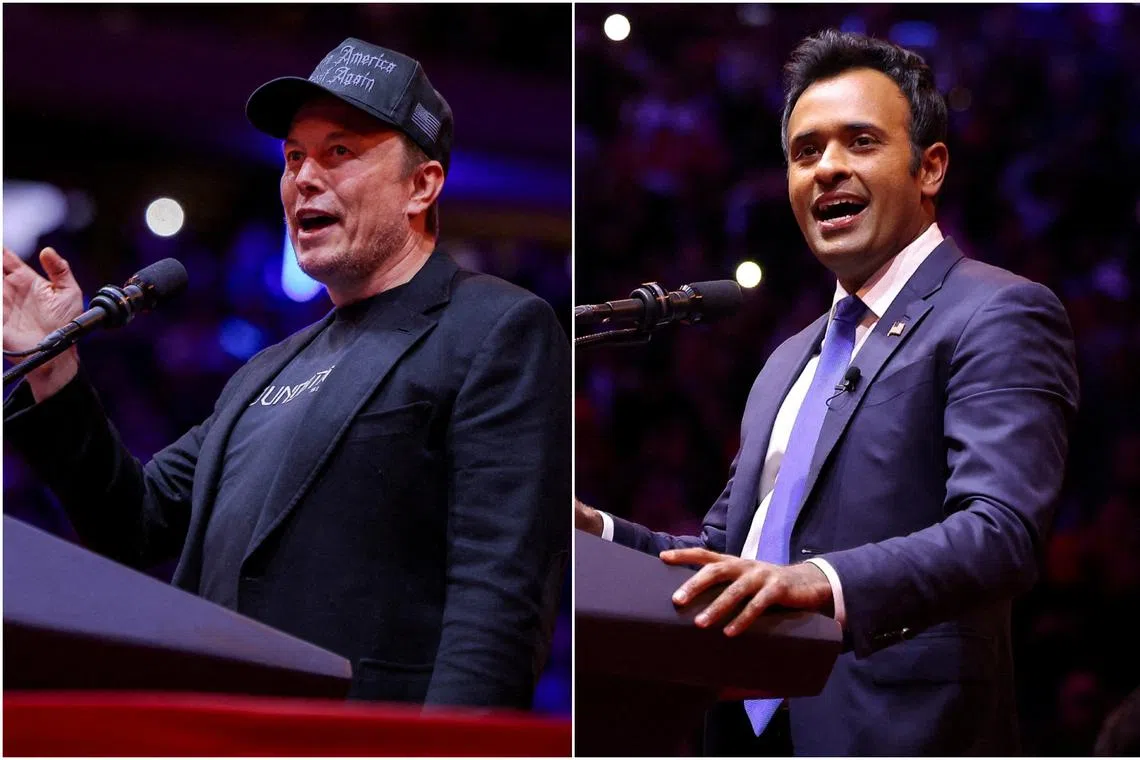 At the helm of the the new Department of Government Efficiency are two figures cut from the cloth of Silicon Valley ambition: Mr Elon Musk (left) and Mr Vivek Ramaswamy.