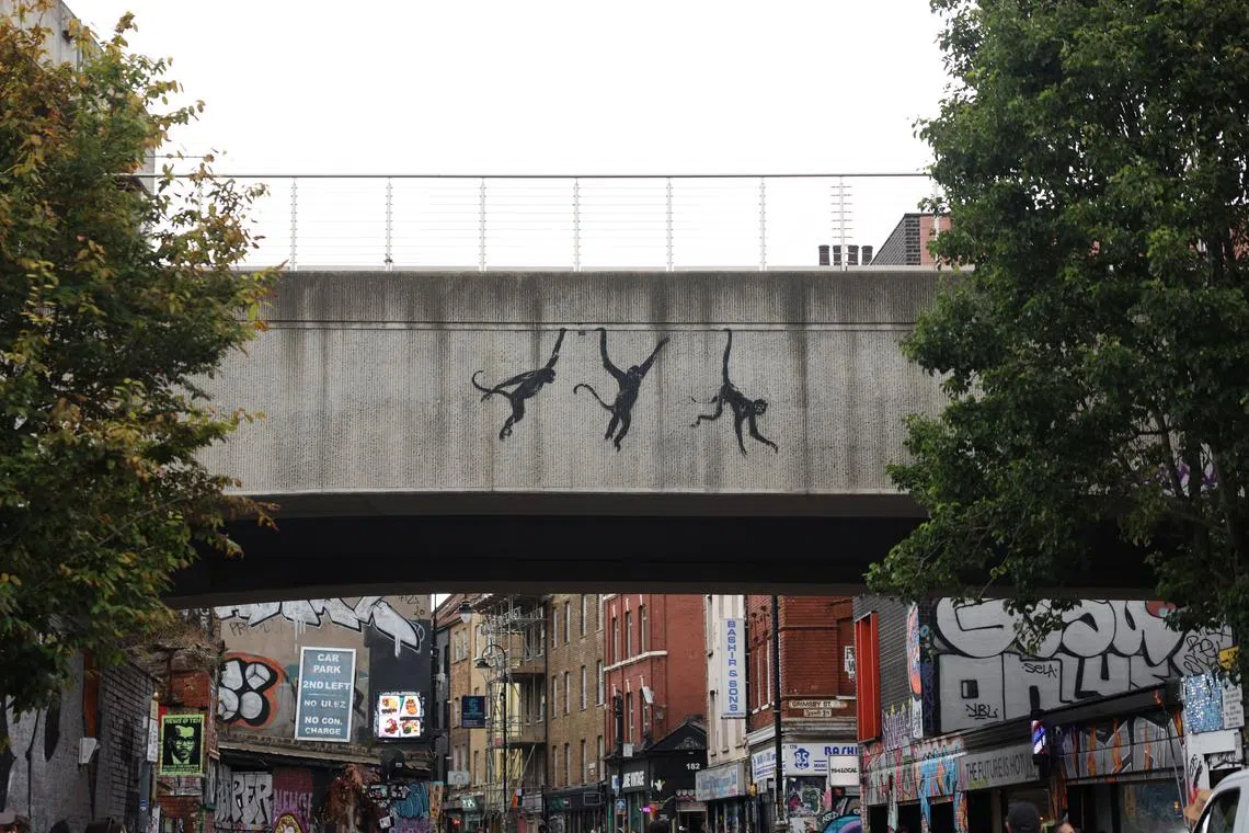 New artwork by the British artist Banksy is seen, in Shoreditch, London, Britain, August 7, 2024. REUTERS/Mina Kim