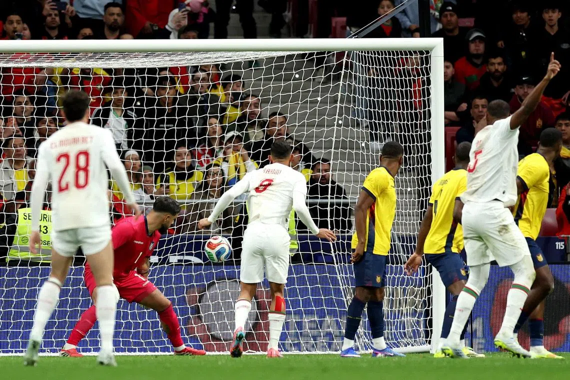 Soccer Football - International Friendly - Morocco v Ecuador - Riyadh Air Metropolitano, Madrid, Spain - March 27, 2026 Morocco's Neil El Aynaoui scores their first goal REUTERS/Violeta Santos Moura