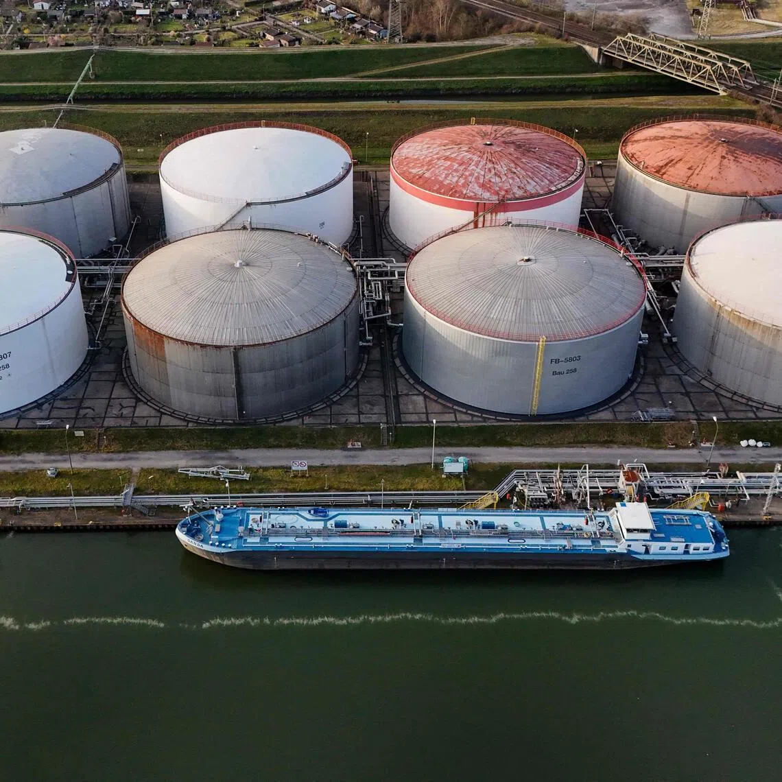 An aerial view of a tanker at the fuel depot of Aral at the Ruhr Oel petroleum refineries of BP Gelsenkirchen in Gelsenkirchen, Germany, on March 9.