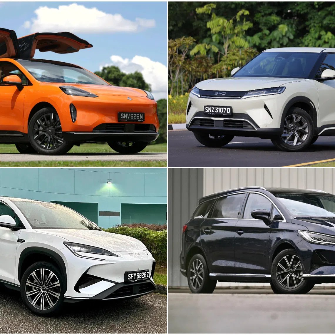 (Clockwise from top left) Aion Hyptec HT, BYD Atto 2, BYD M6, BYD SEALION 7.