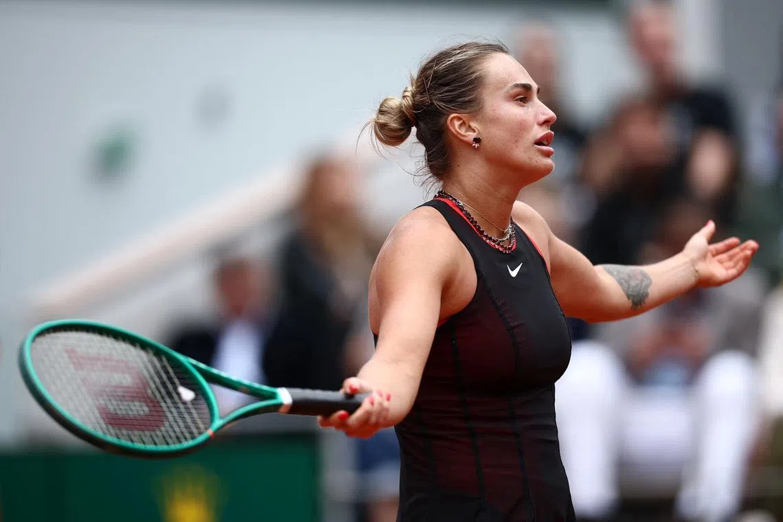 Tennis - French Open - Roland Garros, Paris, France - June 3, 2026 Belarus' Aryna Sabalenka reacts during her quarter final match against Russia's Diana Shnaider REUTERS/Guglielmo Mangiapane