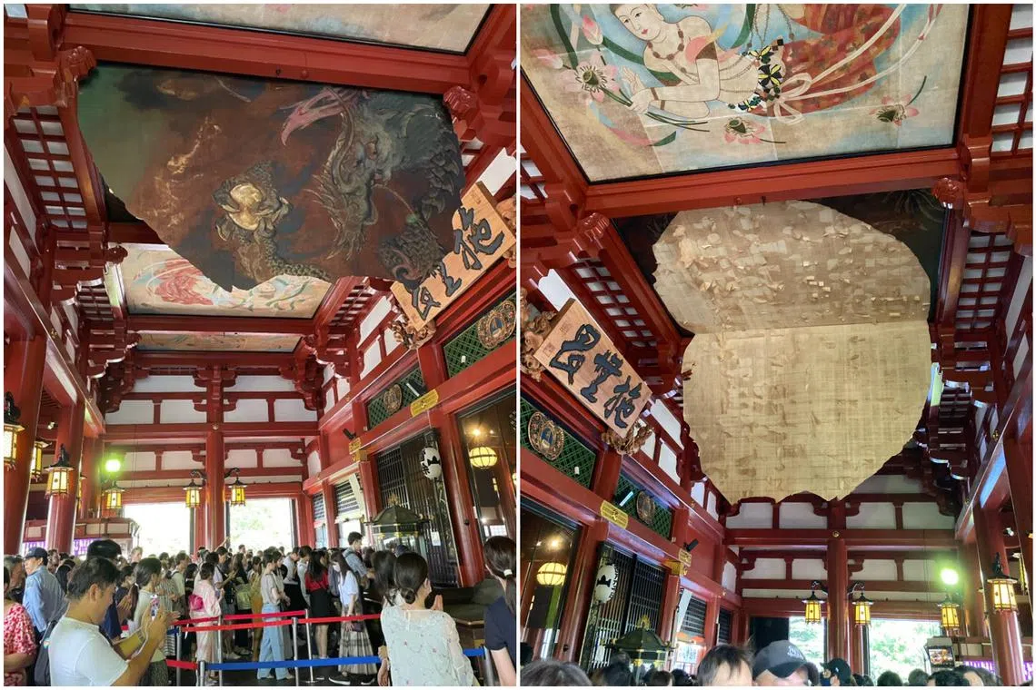 A painting in the main hall of Sensoji temple in Tokyo peeled off on Saturday, seemingly the result of wear and tear.