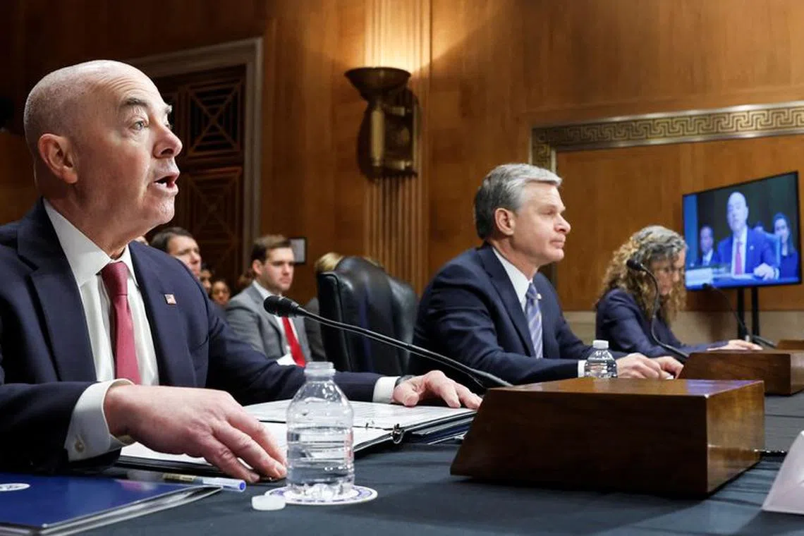 U.S. Homeland Security Secretary Alejandro Mayorkas testifies next to FBI Director Christopher Wray and National Counterterrorism Center Director Christine Abizaid during a Senate Homeland Security and Governmental Affairs hearing on threats to the United States, on Capitol Hill in Washington, U.S., October 31, 2023. REUTERS/Jonathan Ernst