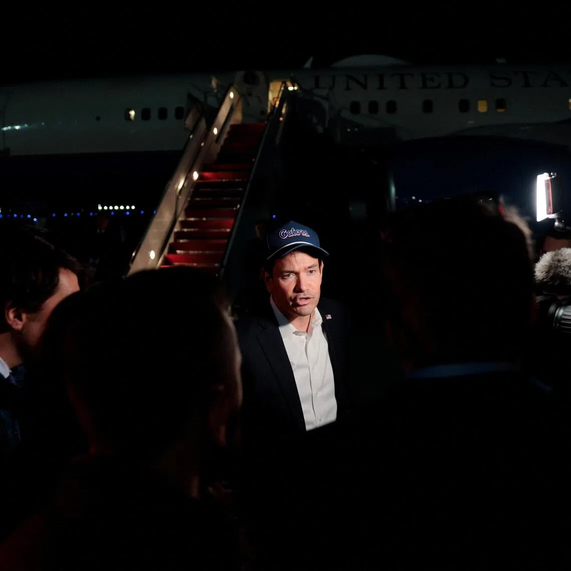 US Secretary of State Marco Rubio speaking to the media before boarding a plane en route to Samarkand, Uzbekistan, on Oct 17.