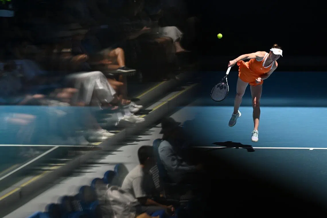 Elena-Gabriela Ruse of Romania serving against Dayana Yastremska of Ukraine during their Women's singles first round match of the 2026 Australian Open tennis tournament, at ANZ Arena at Melbourne Park in Melbourne, Australia, on Jan 18, 2026.