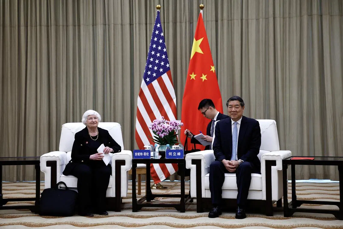 U.S. Treasury Secretary Janet Yellen meets China's Vice Premier He Lifeng at the Guangdong Zhudao Guest House, in Guangzhou, Guangdong province, China, April 6, 2024. REUTERS/Tingshu Wang