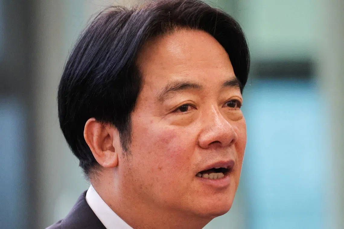 FILE PHOTO: Taiwan President Lai Ching-te makes a speech before leaving for a trip to Hawaii, Guam and the Pacific Island allies at the airport in Taoyuan, Taiwan November 30, 2024. REUTERS/Ann Wang/File Photo