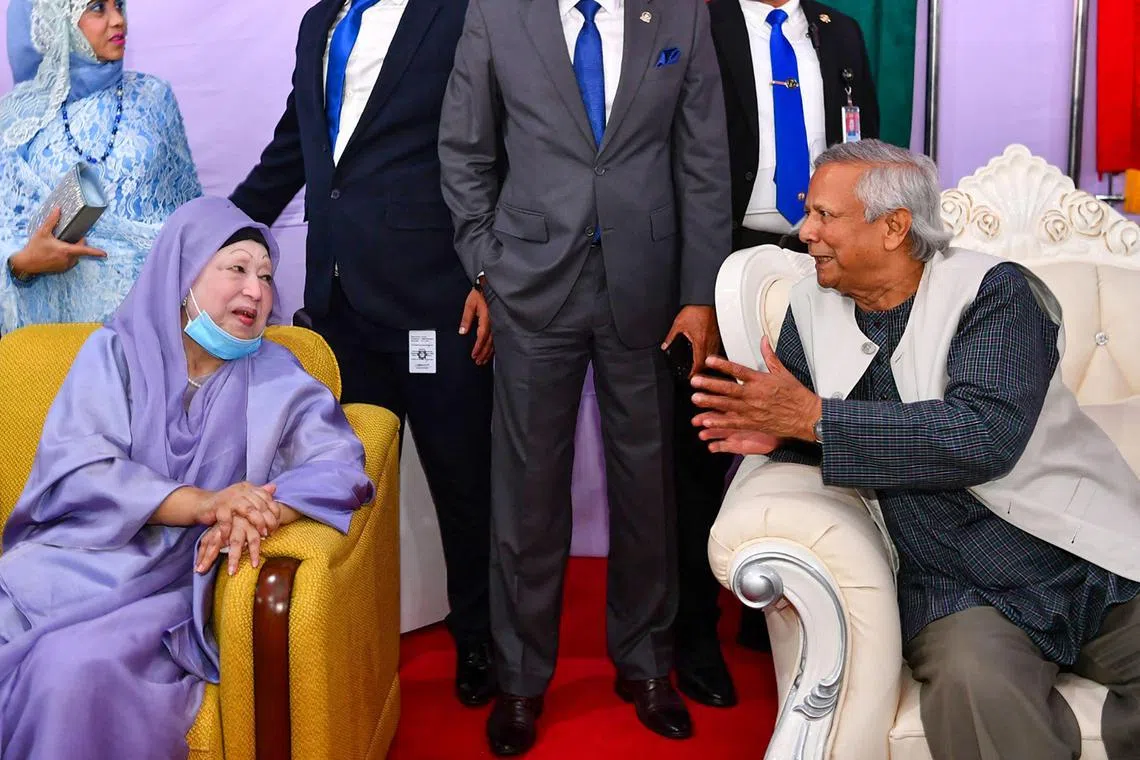 Nobel laureate and chief adviser of Bangladesh's interim government Muhammad Yunus (right) with former premier Khaleda Zia (second from left) at a reception to mark the country's Armed Forces Day in Dhaka, on Nov 21, 2024.