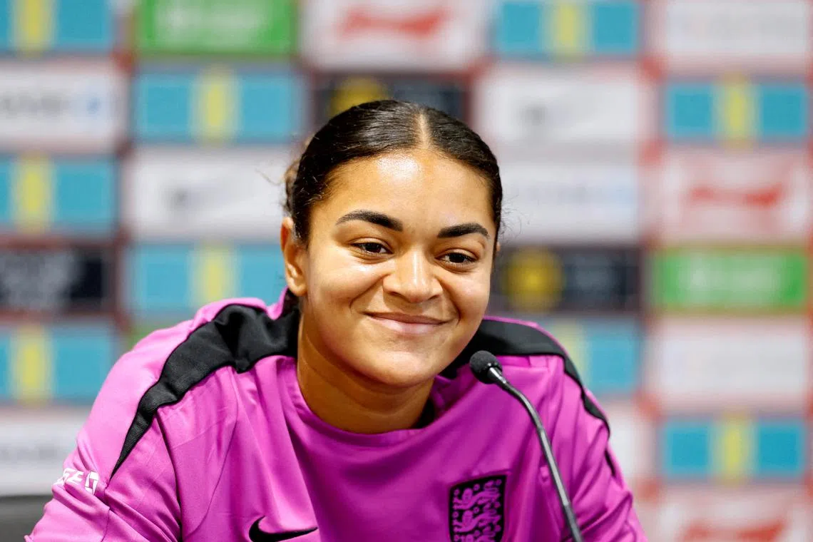 FILE PHOTO: Soccer Football - Women's International Friendly - England Press Conference - St. George's Park, Burton upon Trent, Britain - June 28, 2025 England's Jess Carter during the press conference Action Images via Reuters/Peter Cziborra/File Photo