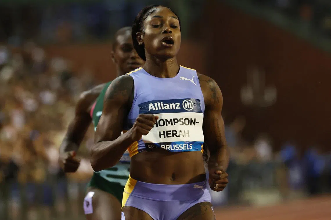 FILE PHOTO: Athletics - Diamond League - Memorial van Damme - King Baudouin Stadium, Brussels, Belgium - September 8, 2023 Jamaica's Elaine Thompson-Herah in action during the women's 100m REUTERS/Yves Herman/File Photo