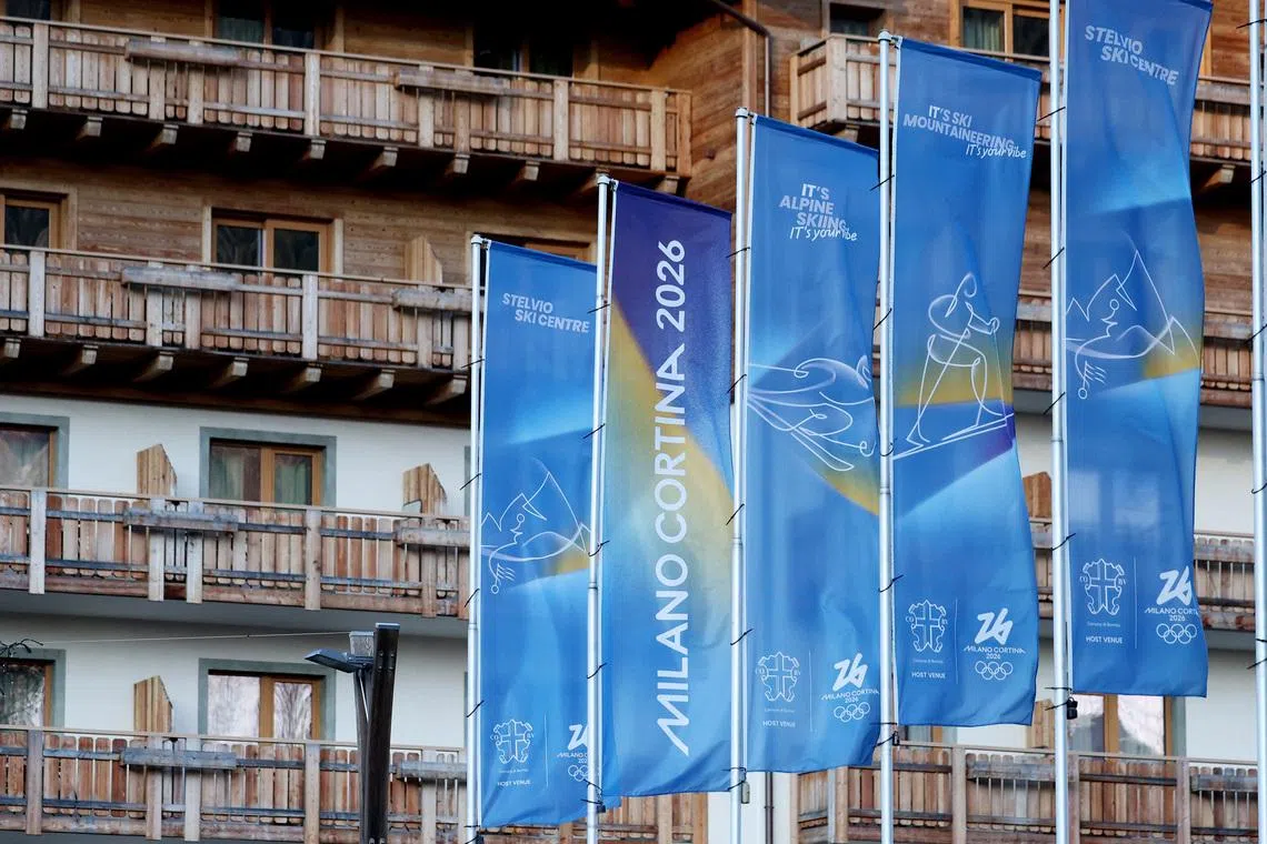 Milano Cortina 2026 Winter Olympics - Previews - Bormio, Italy - January 21, 2026 General view of banners depicting the logo for Milano Cortina Winter Olympic Games 2026. REUTERS/Claudia Greco