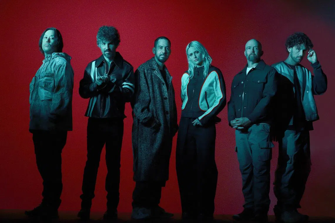 Linkin Park comprises, from left: Joe Hahn, Brad Delson, Mike Shinoda, Emily Armstrong, Dave Farrell and Colin Brittain.
