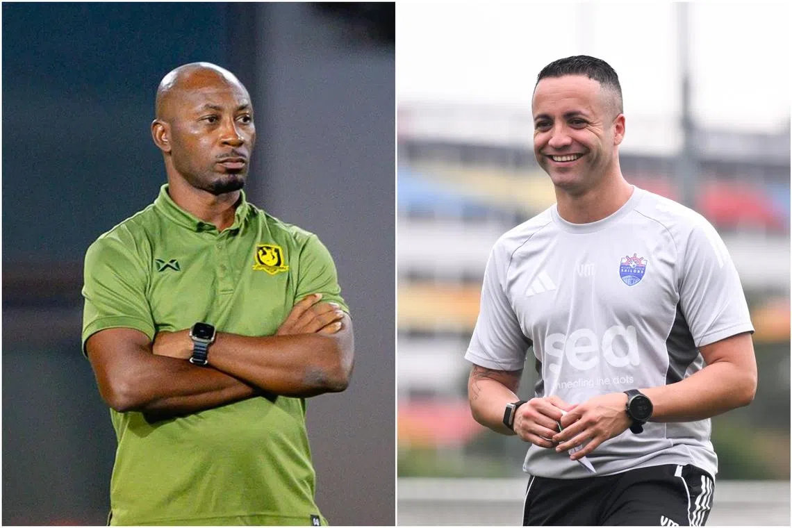 BG Tampines Rovers interim coach Robert Eziakor (left) and Lion City Sailors interim coach Varo Moreno.