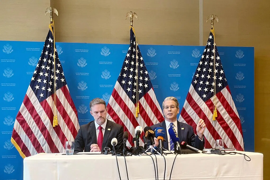 U.S. Secretary of the Treasury Scott Bessent and U.S. Trade Representative Jamieson Greer attend a news conference after trade talks with China, in Geneva, Switzerland, May 12, 2025. REUTERS/Emma Farge