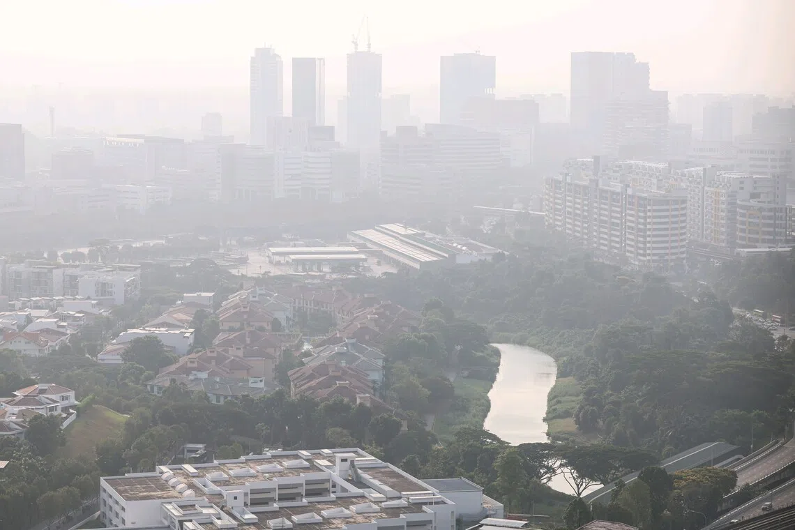 A hazy Jurong East skyline at 5.53pm on Aug 24.