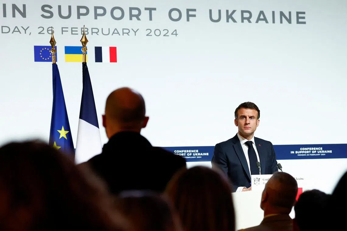 French President Emmanuel Macron at a press conference after a summit in support of Ukraine, with European leaders and government representatives, at the Elysee Palace in Paris on Feb 26, 2024.