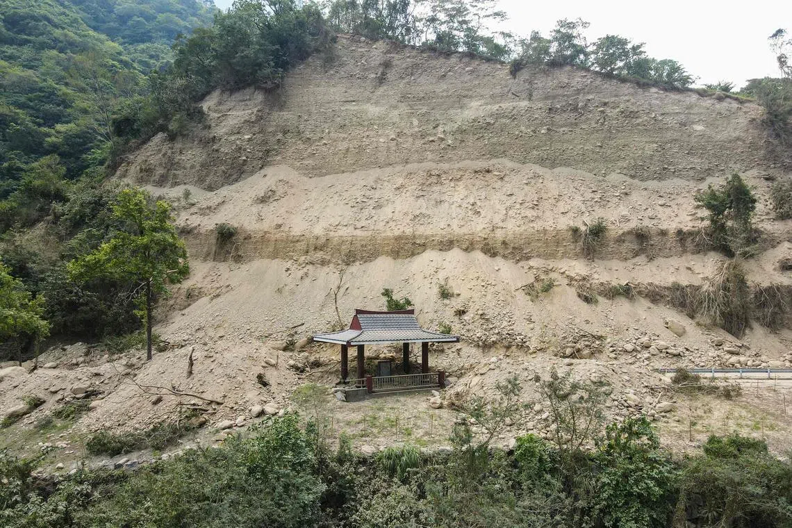 A damaged pavilion covered in mud at the Taroko National Park after an earthquake in Hualien on April 4.